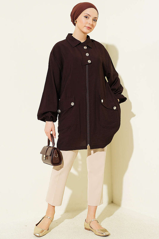 Zipped Shirt Collar Cape Dark Brown