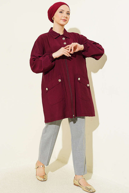 Zip-Up Shirt Collar Cape Burgundy