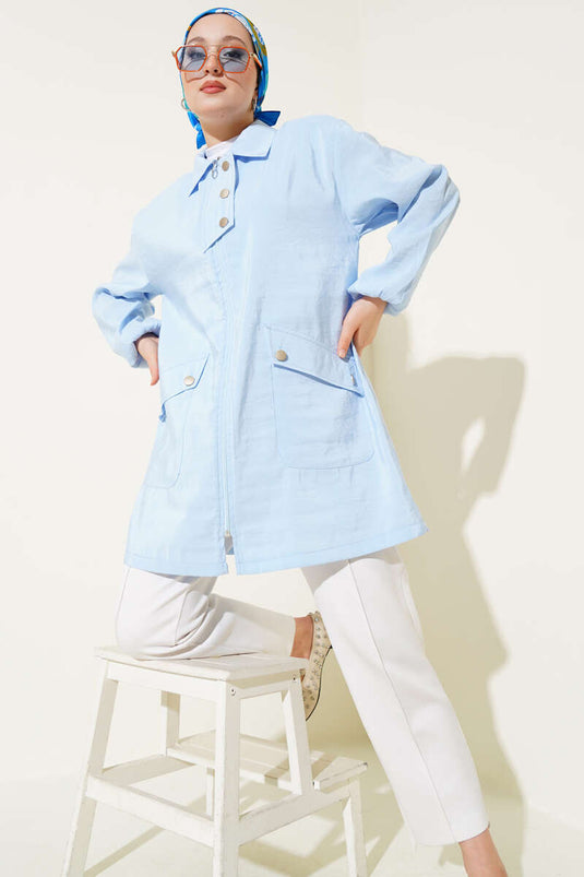 معطف أزرق بسحاب وياقة قميص