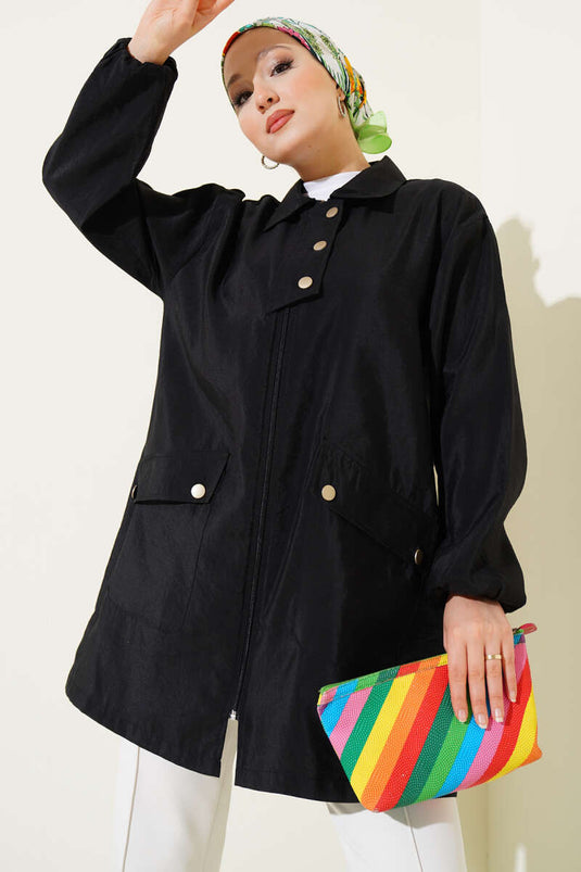 Fermuarlı Gömlek Yaka Kap Siyah