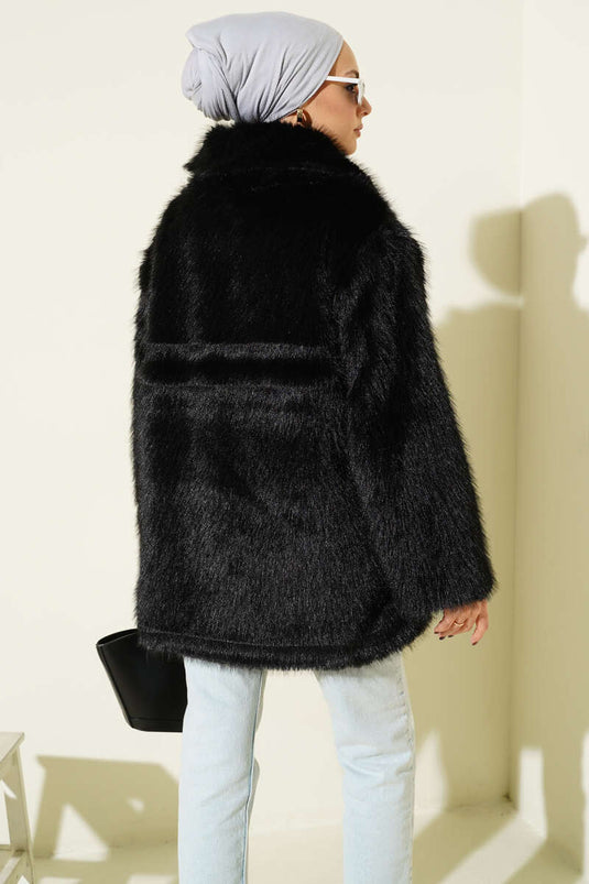 Manteau de fourrure noir à col de chemise zippé