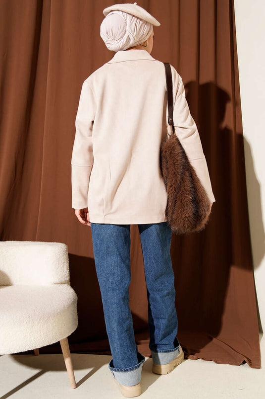 Veste zippée en daim beige à col chemise