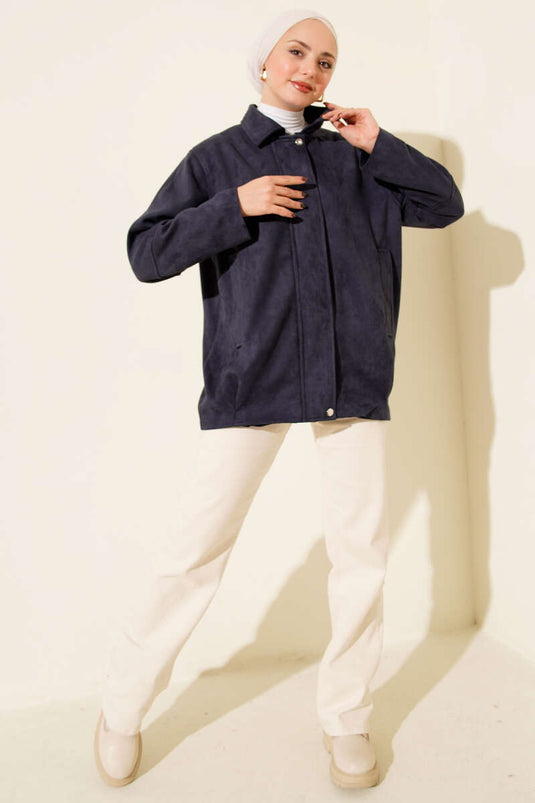 Veste zippée à col chemise en daim bleu marine