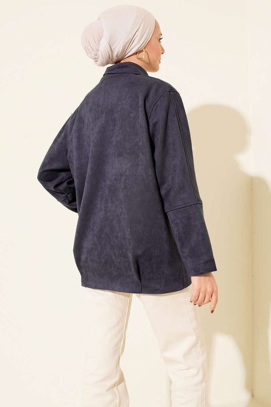 Veste zippée à col chemise en daim bleu marine