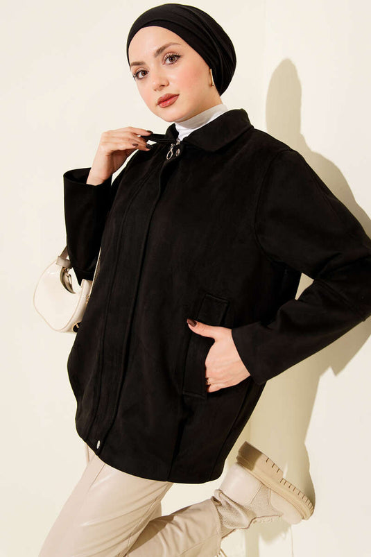 Fermuarlı Gömlek Yaka Süet Ceket Siyah