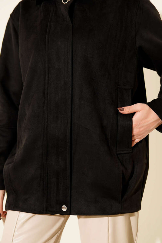 Fermuarlı Gömlek Yaka Süet Ceket Siyah