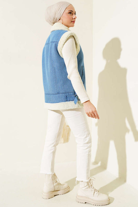 Zippered Denim Vest with Fur Lining in Blue