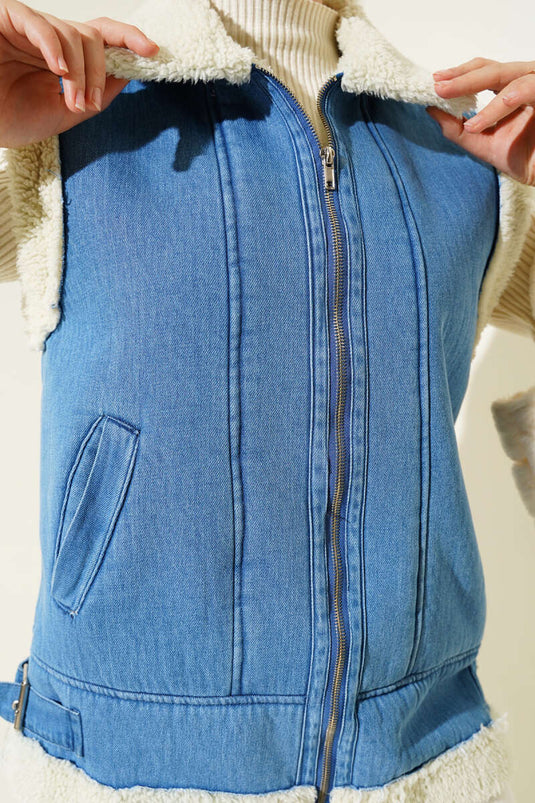 Zippered Denim Vest with Fur Lining in Blue