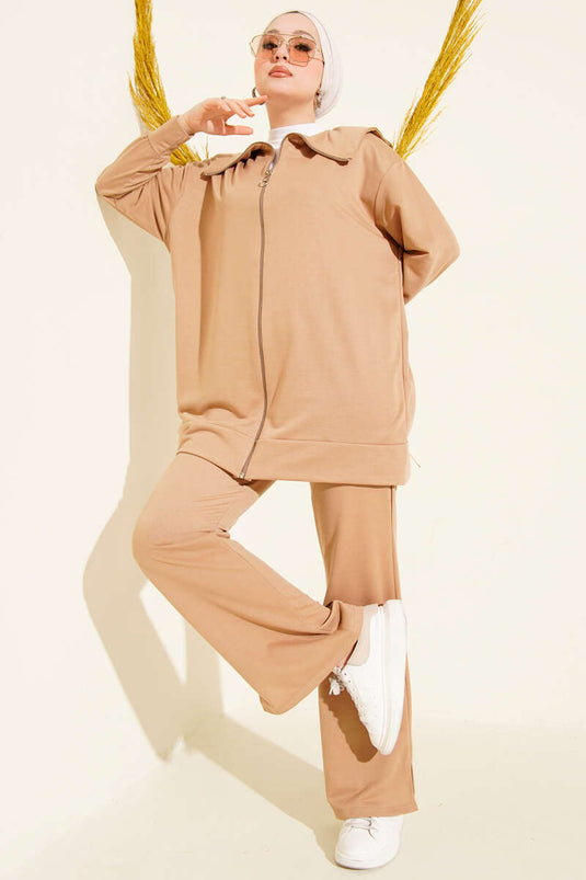 Ensemble deux pièces à fermeture éclair et deux fils, couleur latte