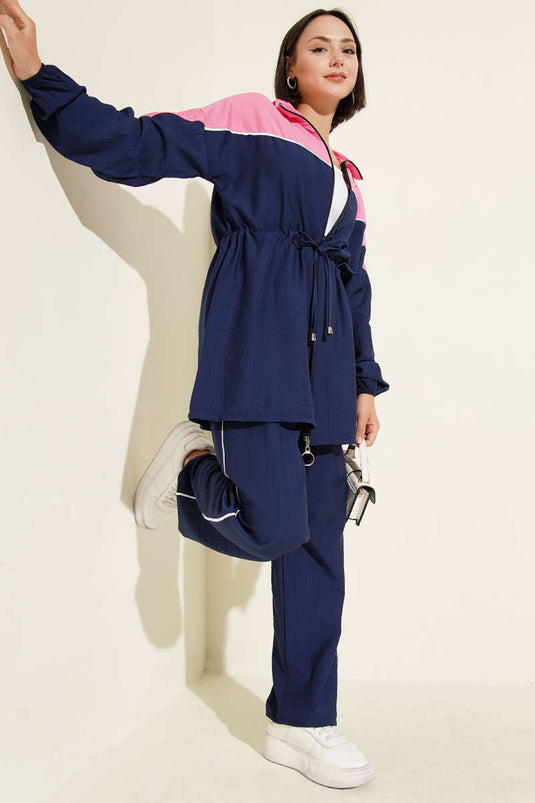 Zippered Rope Detailed Two-Piece Suit Navy Blue