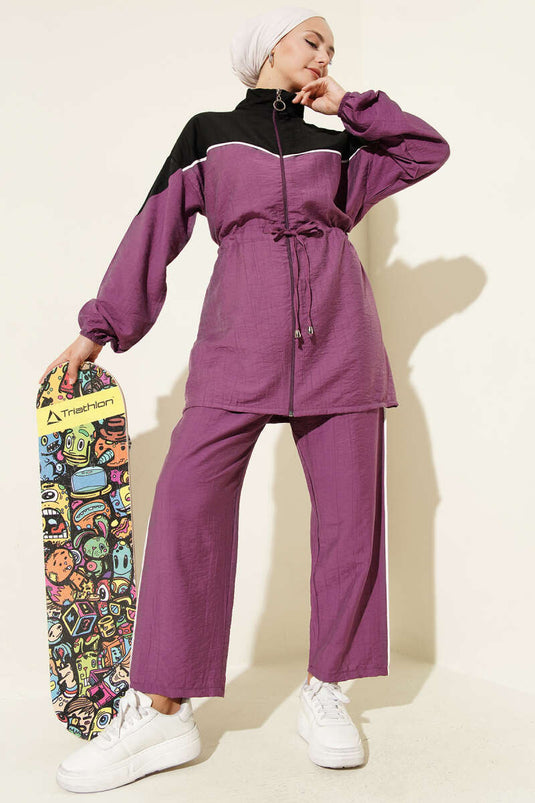 بدلة مكونة من قطعتين بسحاب وحبل مفصل باللون الأرجواني