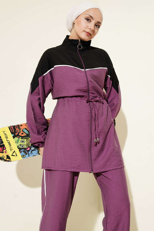 بدلة مكونة من قطعتين بسحاب وحبل مفصل باللون الأرجواني