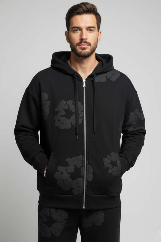 Fermuarlı Kabartma Baskı Erkek Sweatshirt Siyah