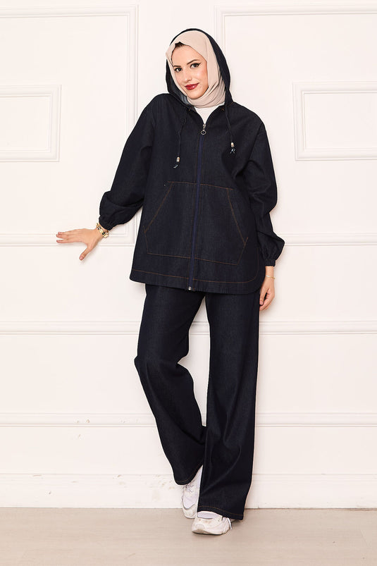 Combinaison en jean à capuche avec poche kangourou zippée, bleu marine