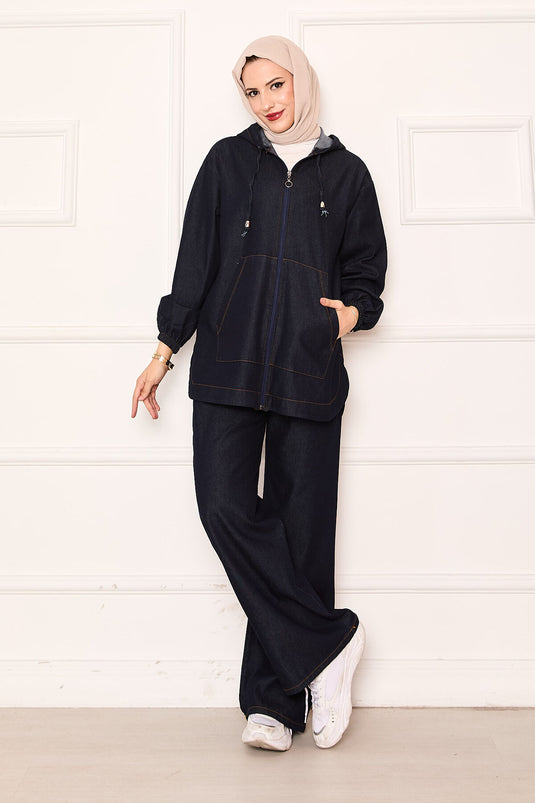 Combinaison en jean à capuche avec poche kangourou zippée, bleu marine