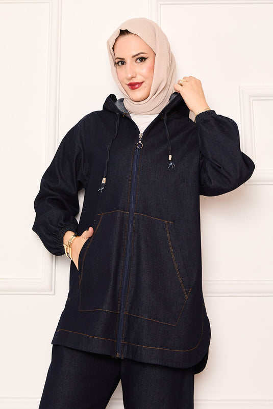 Combinaison en jean à capuche avec poche kangourou zippée, bleu marine