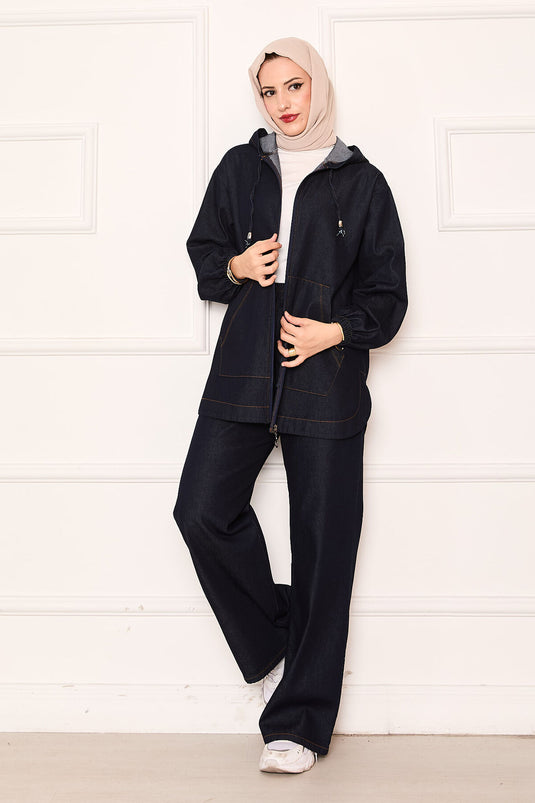 Combinaison en jean à capuche avec poche kangourou zippée, bleu marine