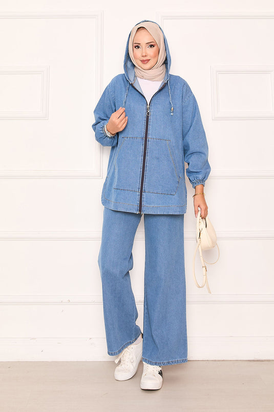 Zippered Kangaroo Pocket Detailed Hooded Denim Set Blue
