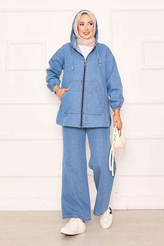 Ensemble en jean à capuche et poche kangourou zippée, bleu