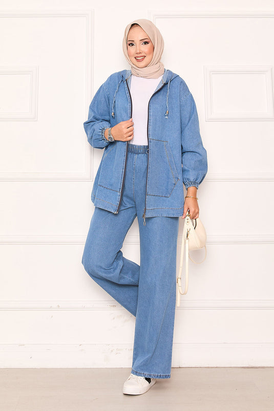 Ensemble en jean à capuche et poche kangourou zippée, bleu