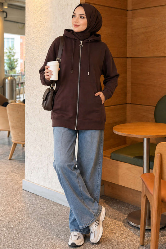 Gilet À Capuche Zippé Avec Poches Kangourou En Café