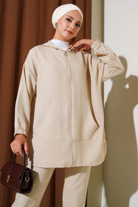 بدلة أساسية من قطعتين بسحاب وغطاء للرأس باللون البيج