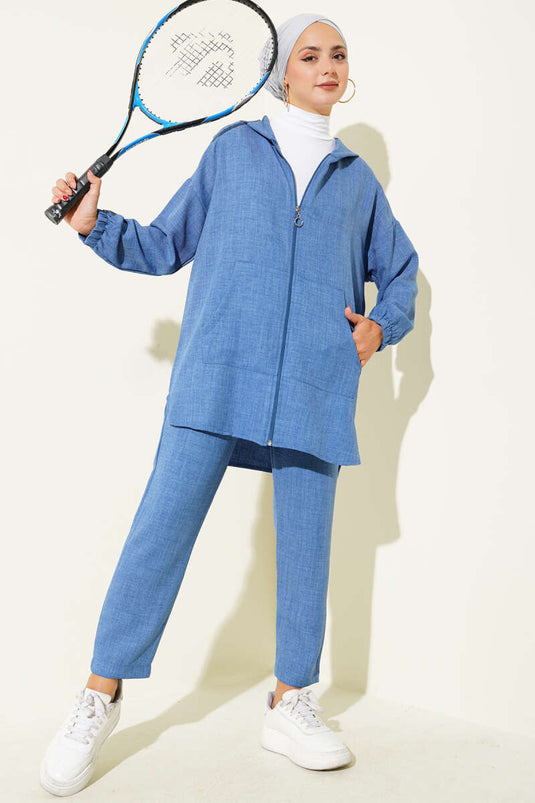 Zippered Hooded Basic Two-Piece Set Indigo