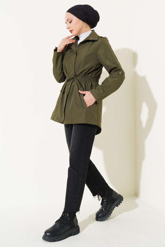 Zippered Hooded Waist Elastic Trench Coat Khaki