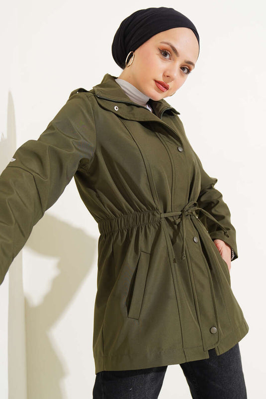 Zippered Hooded Waist Elastic Trench Coat Khaki