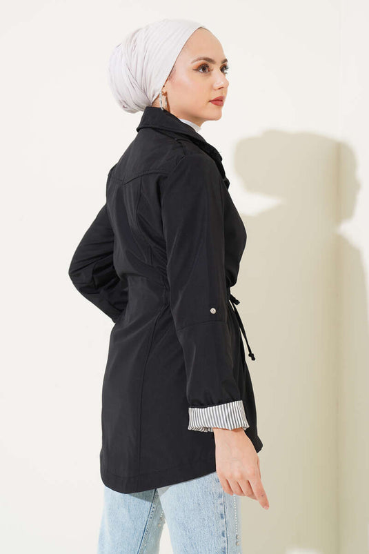 Trench à capuche zippé et ceinture élastique noir