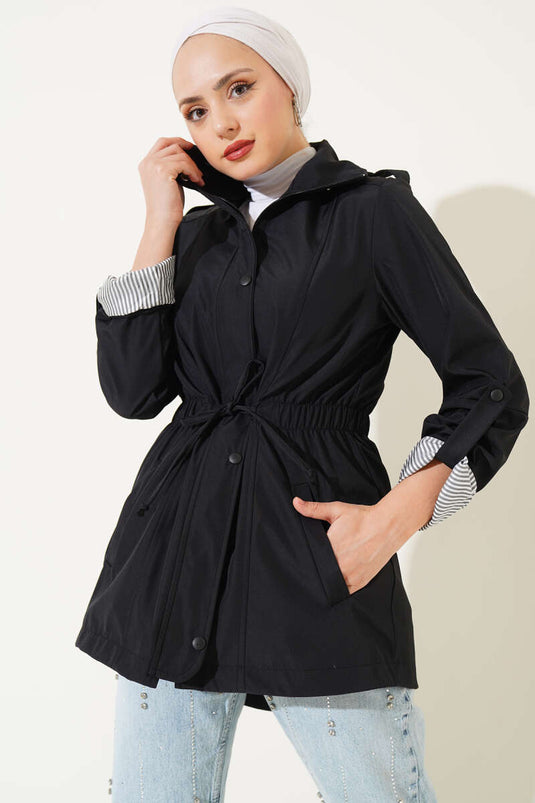 Zippered Hooded Waist Elastic Trench Coat Black