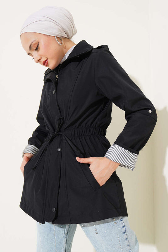 Zippered Hooded Waist Elastic Trench Coat Black