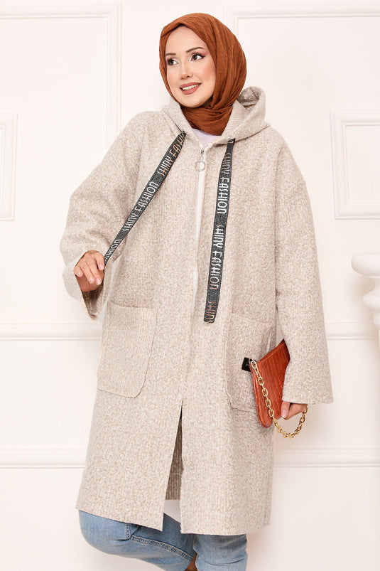 عباءة بقلنسوة بسحاب، لون بيج