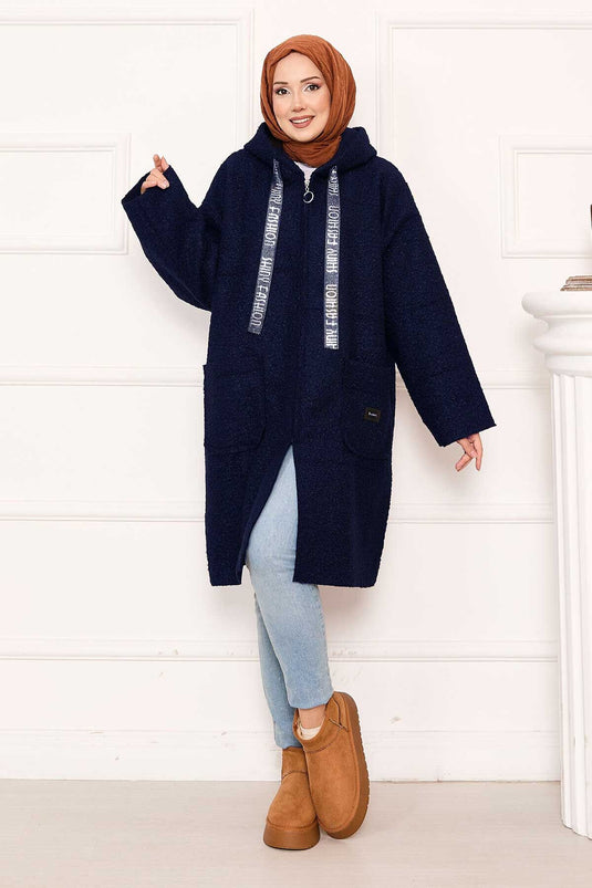 Manteau en boucle à capuche zippé bleu marine