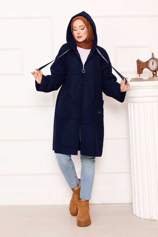 Manteau en boucle à capuche zippé bleu marine