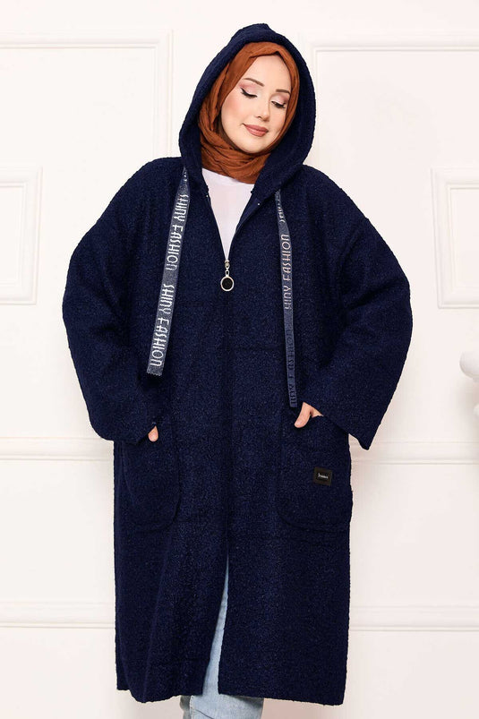 Manteau en boucle à capuche zippé bleu marine