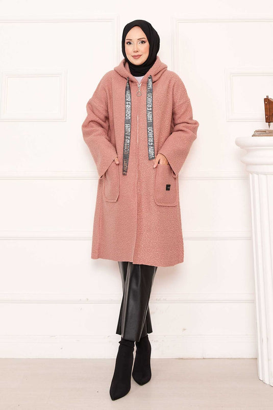 Bouclé-Mantel mit Reißverschluss und Kapuze in Lachs