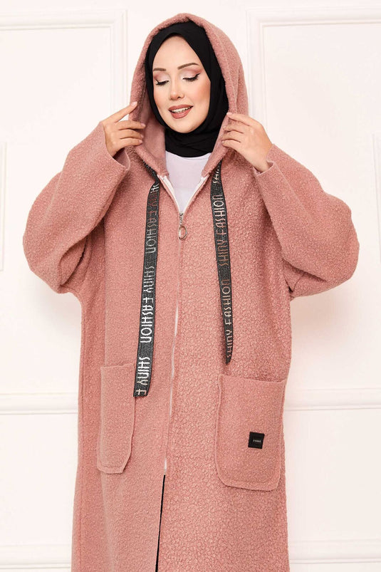 Bouclé-Mantel mit Reißverschluss und Kapuze in Lachs