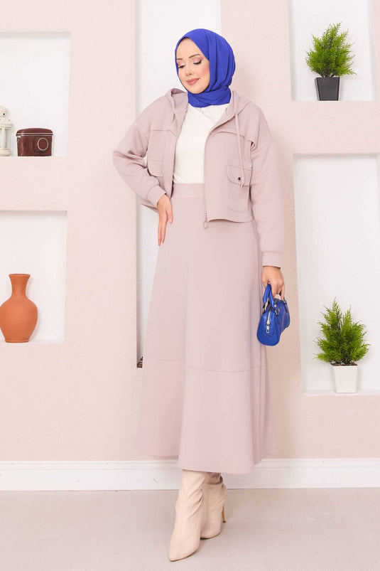 Zippered Hooded Crop Skirt Hijab Suit Beige