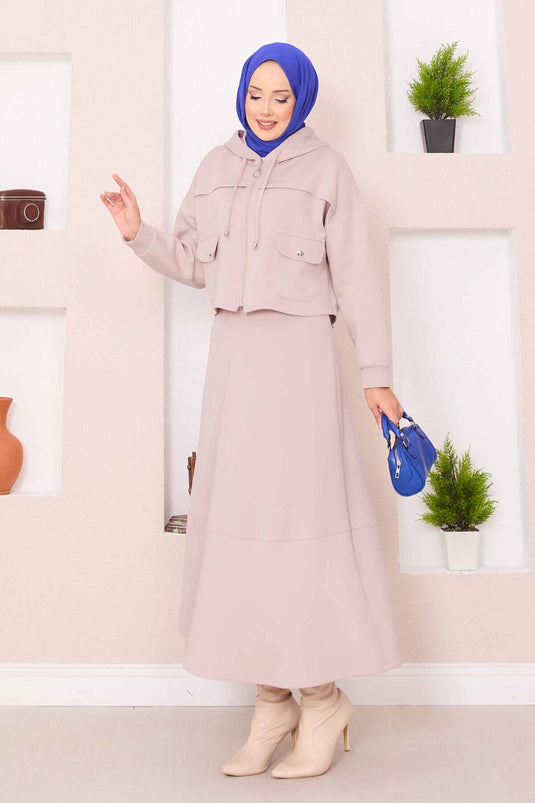 Zippered Hooded Crop Skirt Hijab Suit Beige