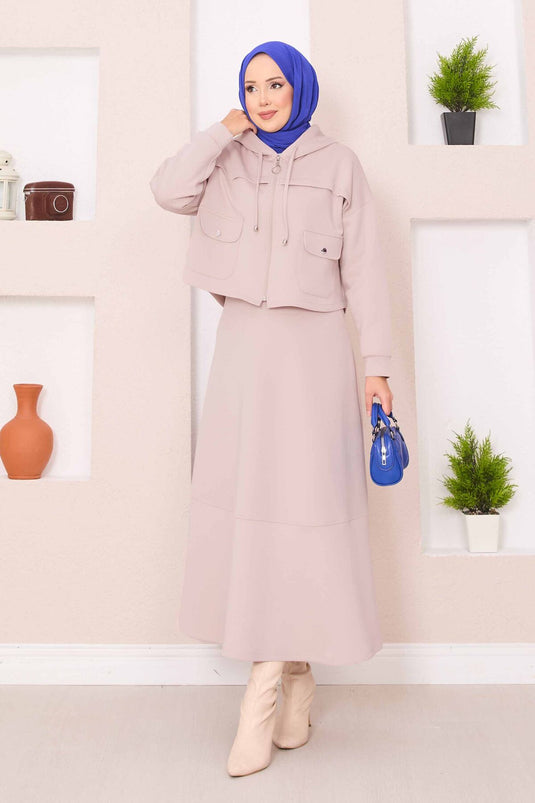 Zippered Hooded Crop Skirt Hijab Suit Beige