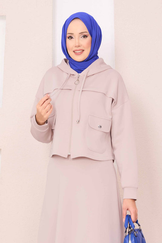 Zippered Hooded Crop Skirt Hijab Suit Beige