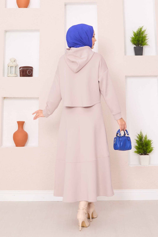 Zippered Hooded Crop Skirt Hijab Suit Beige