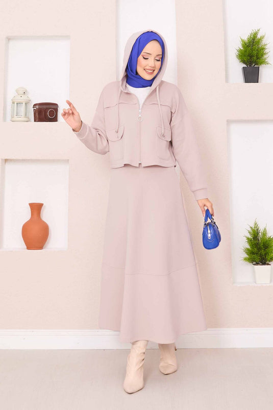 Zippered Hooded Crop Skirt Hijab Suit Beige