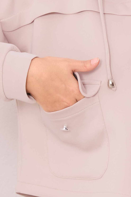 Zippered Hooded Crop Skirt Hijab Suit Beige