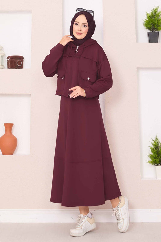 Fermuarlı Kapüşonlu Crop Etek Tesettür Takım Bordo