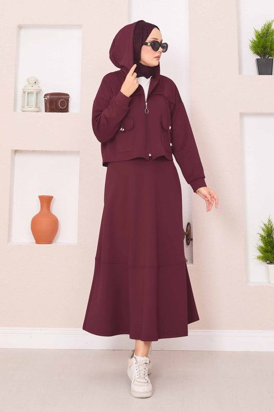 Fermuarlı Kapüşonlu Crop Etek Tesettür Takım Bordo