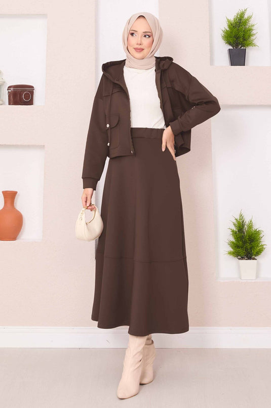 Zippered Hooded Crop Skirt Hijab Suit Brown