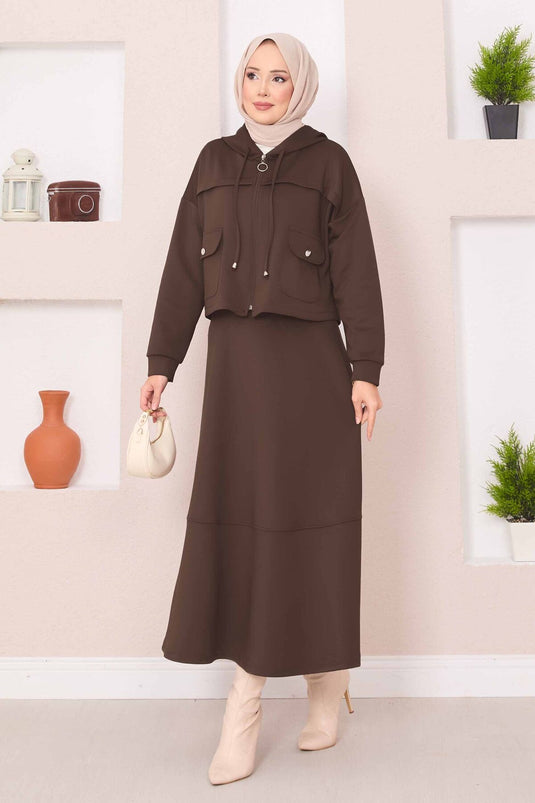 Zippered Hooded Crop Skirt Hijab Suit Brown