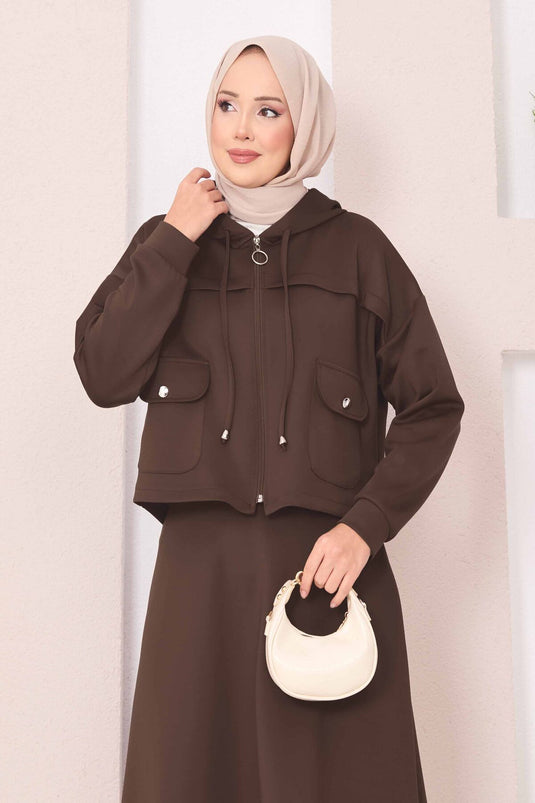 Zippered Hooded Crop Skirt Hijab Suit Brown